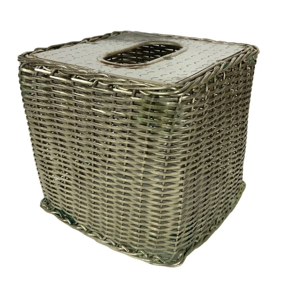 Square Silver Metal Basketweave Tissue Box Holder With Hammered Chrome Finish